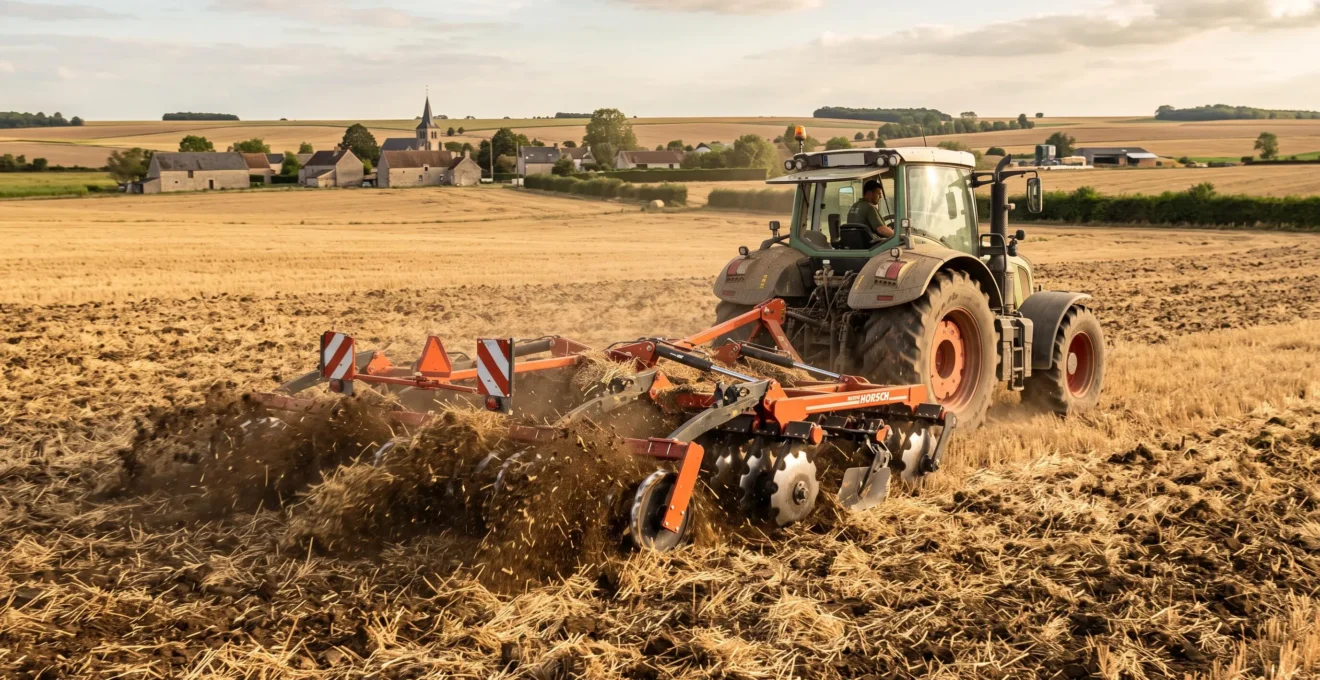 Déchaumeur à disques étoilés en intervention sur une vaste parcelle agricole avec résidus de paille abondants, montrant le brassage actif terre-paille et l'emprise de travail