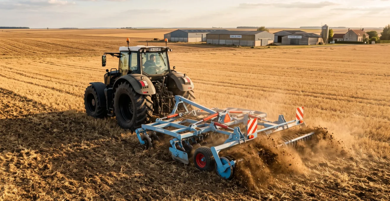 Tracteur agricole attelé à un déchaumeur travaillant activement une parcelle de chaumes de céréales avec résidus de paille visibles, lumière naturelle de fin d'après-midi en contexte rural français