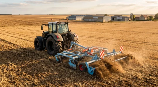 Tracteur agricole attelé à un déchaumeur travaillant activement une parcelle de chaumes de céréales avec résidus de paille visibles, lumière naturelle de fin d'après-midi en contexte rural français